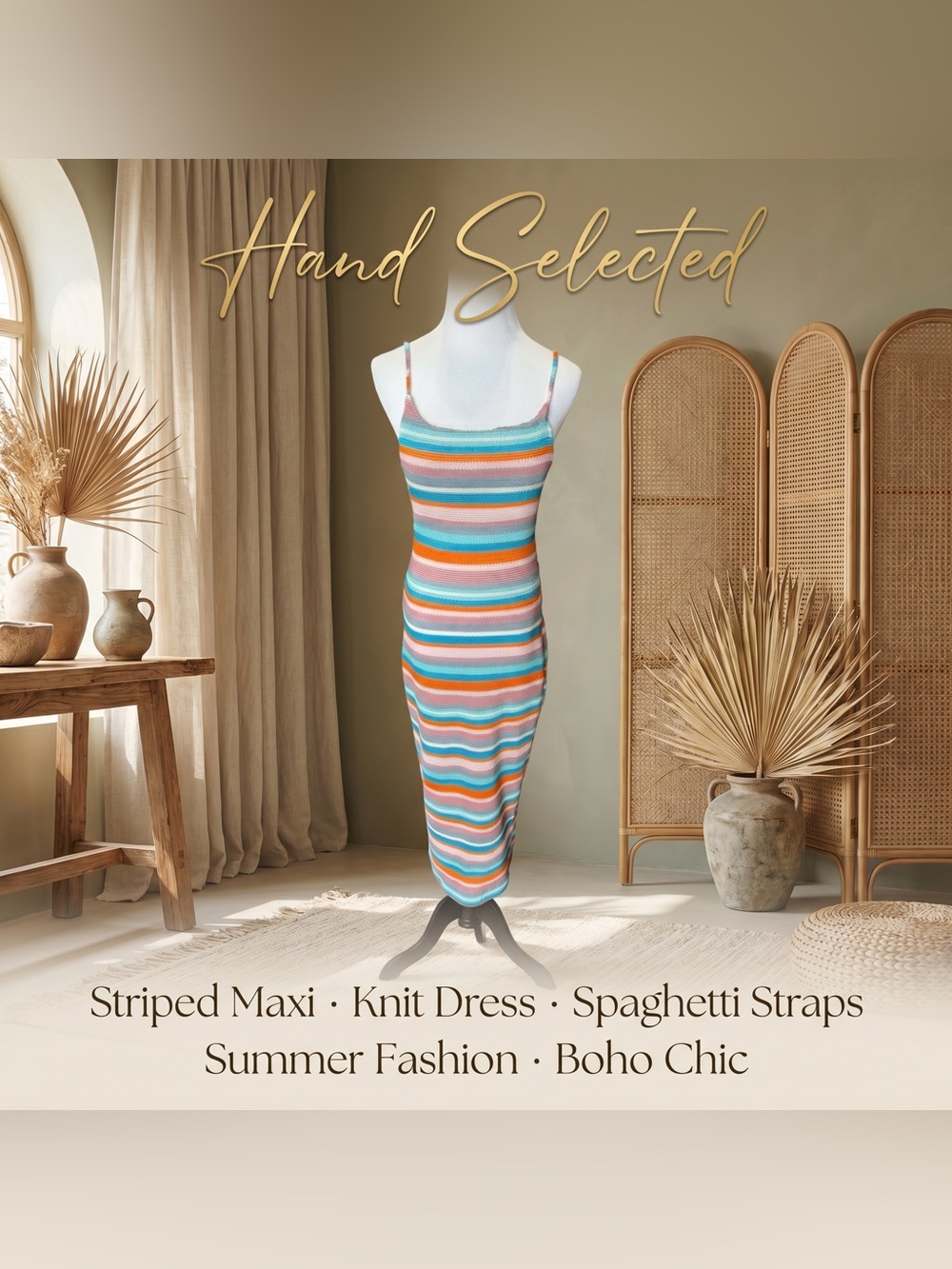 Striped Knit Maxi Dress Teal Orange Pink Spaghetti Strap Boho Euro Summer S